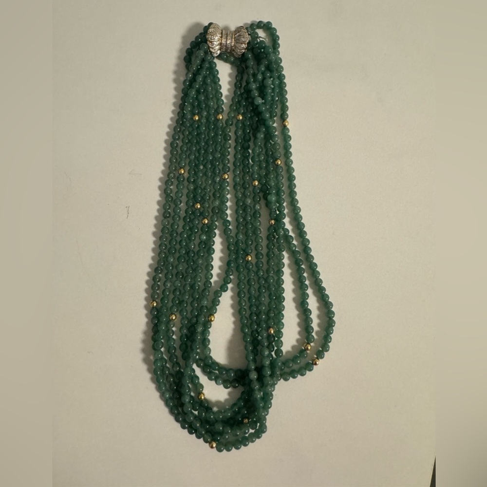 Vintage multi straps jade and gold beads 14k gold with diamonds clasps necklace